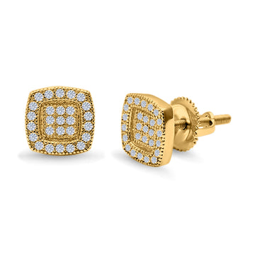 Square Cushion Shape Yellow Tone, Simulated CZ Stud Earrings Screw-Back Round Pave 925 Sterling Silver